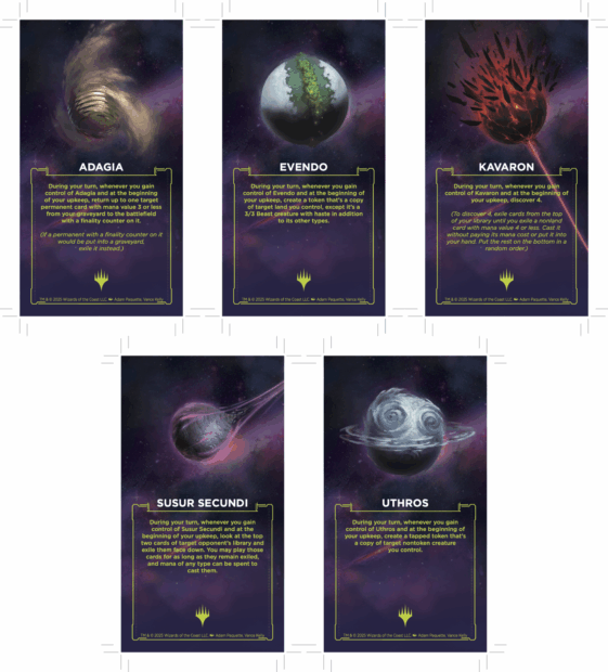MTG Edge of Eternities play aids featuring the five worlds used by the event